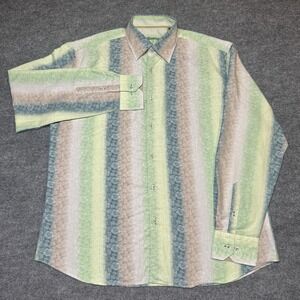 Visconti Button Up Green‎ Blue Floral Striped Textured Men's Size XL Long Sleeve